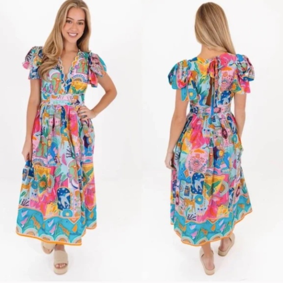 J. Marie Sloane Zodiac Celestial Print Bow Sleeve V-Neck Dress Nwt - Picture 2 of 9